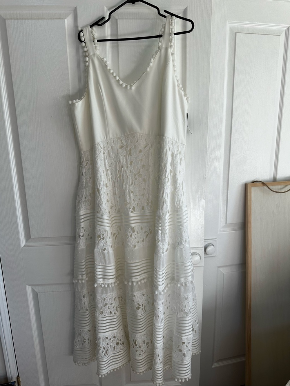 Boston Proper White Lace Midi Dress with Pom-Trim Straps